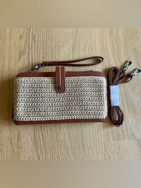 The Sak Woven Cream and Brown Wristlet Clutch with Crossbody Option